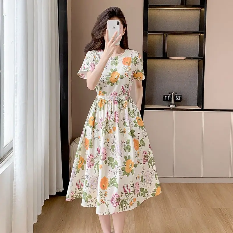 Spring Pure Cotton Women's Mid Length Summer New Short Sleeved Small Floral Loose Slimming and Stylish Printing Dress