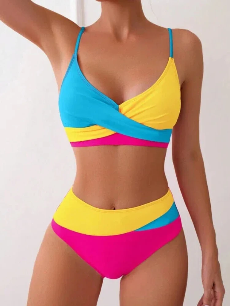 Color Block Criss Cross Bikini Set 2026Fashion Sexy Triangle Top & High Waist Bottom Quick Dry Swimwear Summer Holiday Beach Set