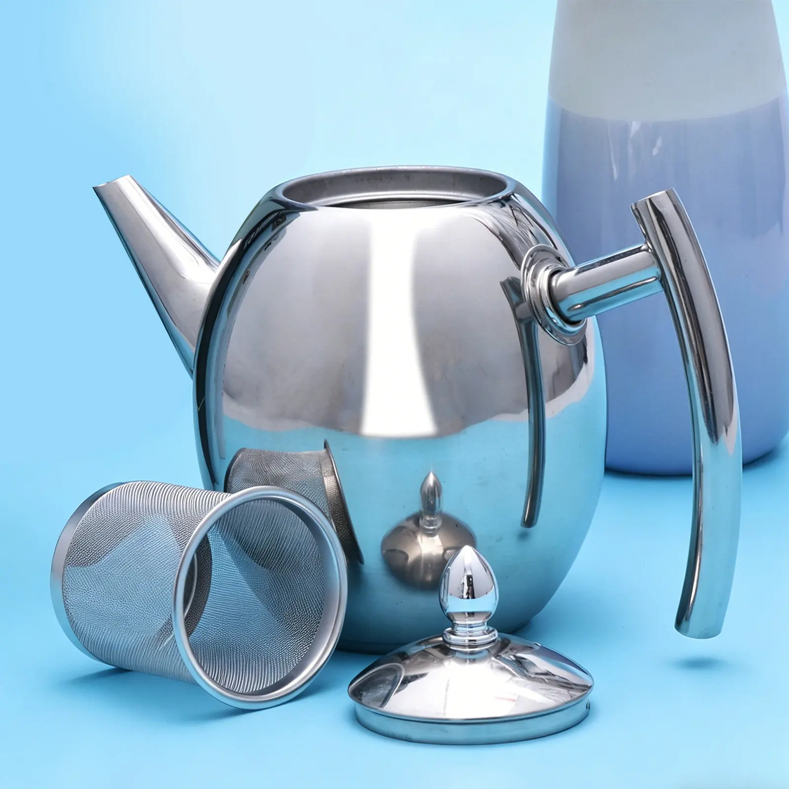 

1.5L Belly Shape Stainless Steel Teapot with Built-in Fine Mesh Infuser Filter Ergonomic Curved Handle Glossy Finish for Loose