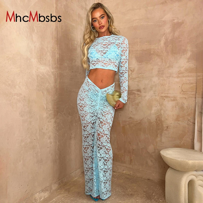 Sexy Lace Mesh Embroidery Long Sleeve Women Crop Top Maxi Party Low Waisted Bodycon Club Skirt Dress New In Matching 2 Piece Set