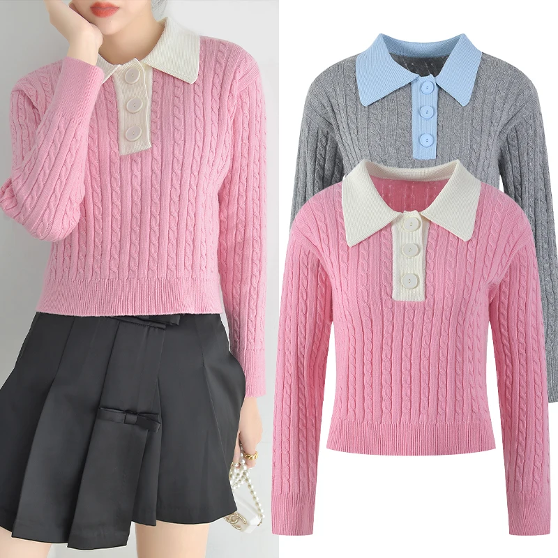 

High-End French Sle Sweet Knitted Sweater Women's Collar Twist Long Sve Warm Color Matched Winter Faion Top