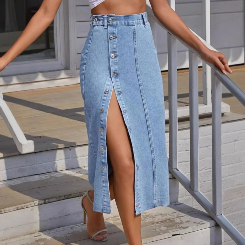 

Multi-Button Half Skirt Women New Hot-Selling High-Waisted Washed Fashion Skirt With Slit Elegant Half Skirt