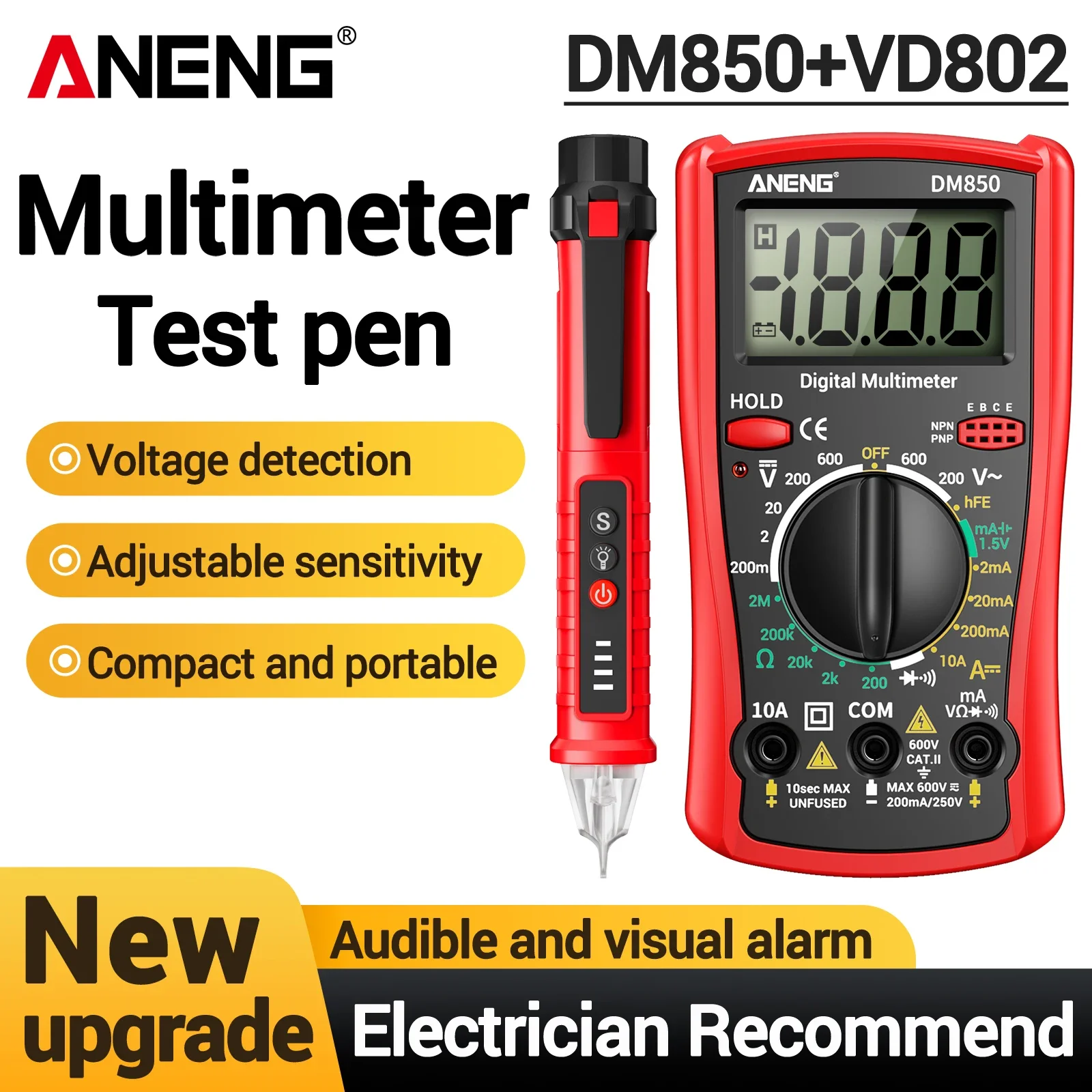ANENG DM850 Multimeter + VD802 NCV Voltage Tester Pen Kit AC DC Current Resistance Diode Breakpoint Finder Electrician Tool Set