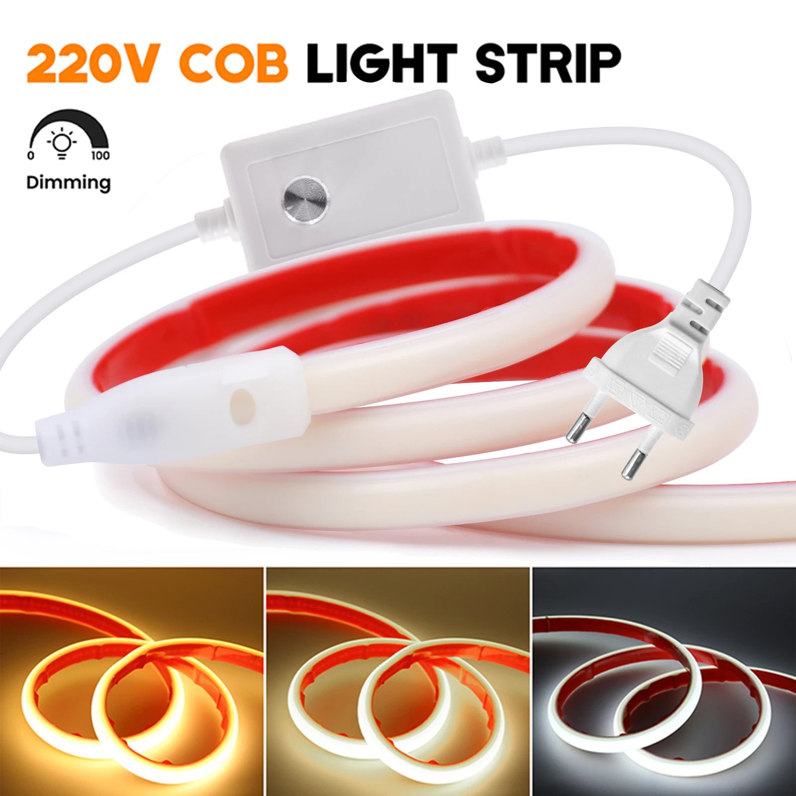 

220V COB LED Strip Light with Dimmer 288LEDs Flexible LED Tape High Density Linear Lighting Waterproof COB Ribbon with Adhesive