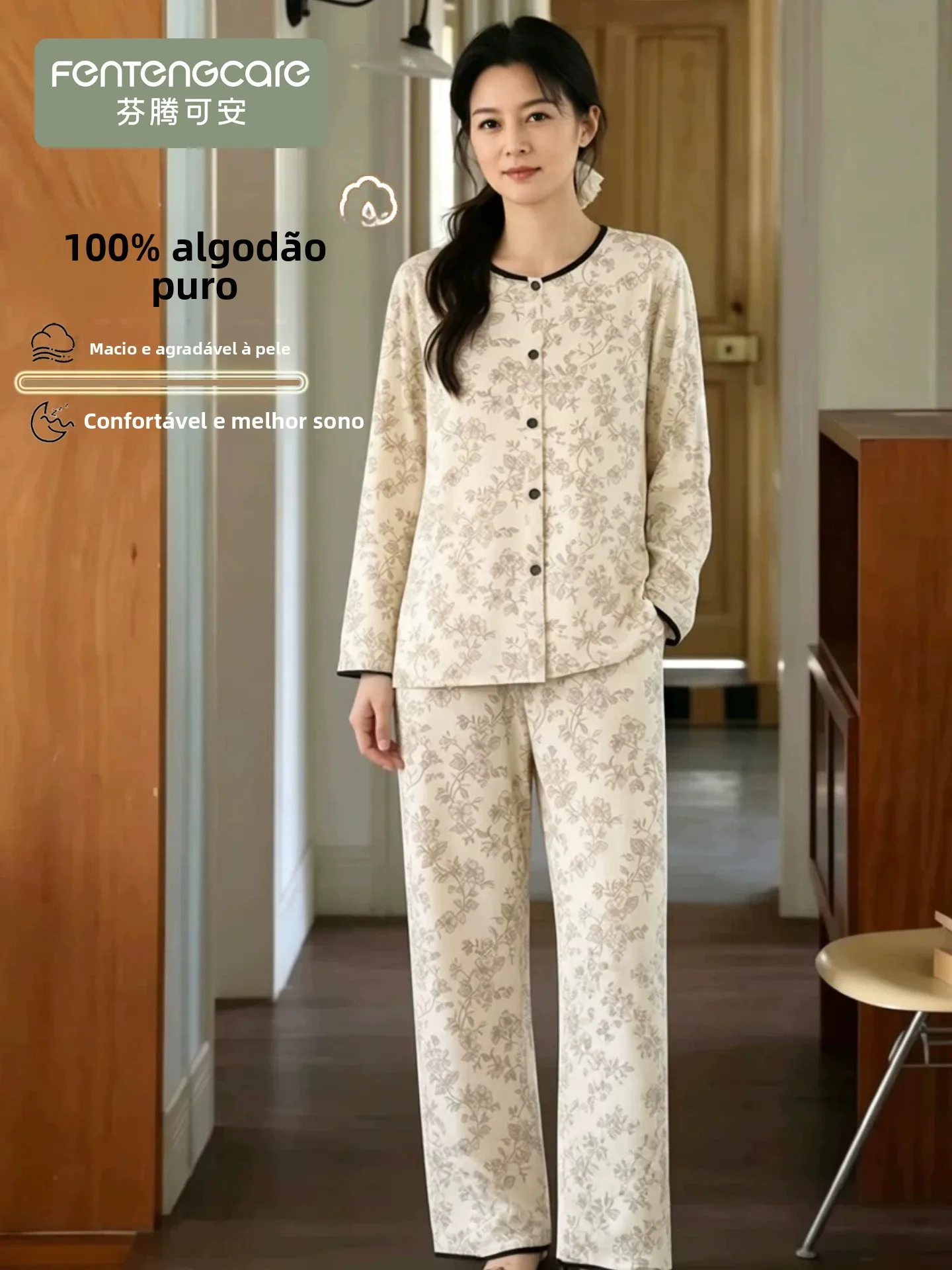 ultra-comfortable-pure-cotton-long-sleeve-women's-nightgown-vine-design-luxury-style-home-wear-sleepwear-fenteng-care-brand