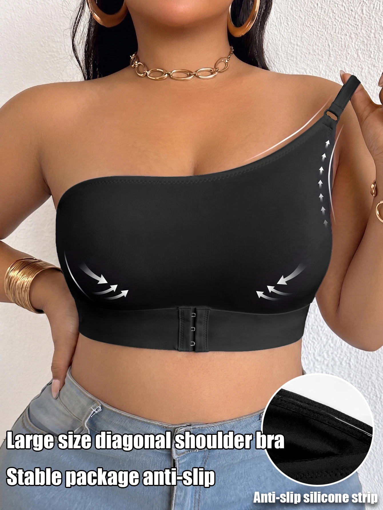 Plus Size One‑Shoulder Women Bra Solid Front‑Closure Full Cup Comfort Wireless Non‑slip Lingerie 1XL-4XL