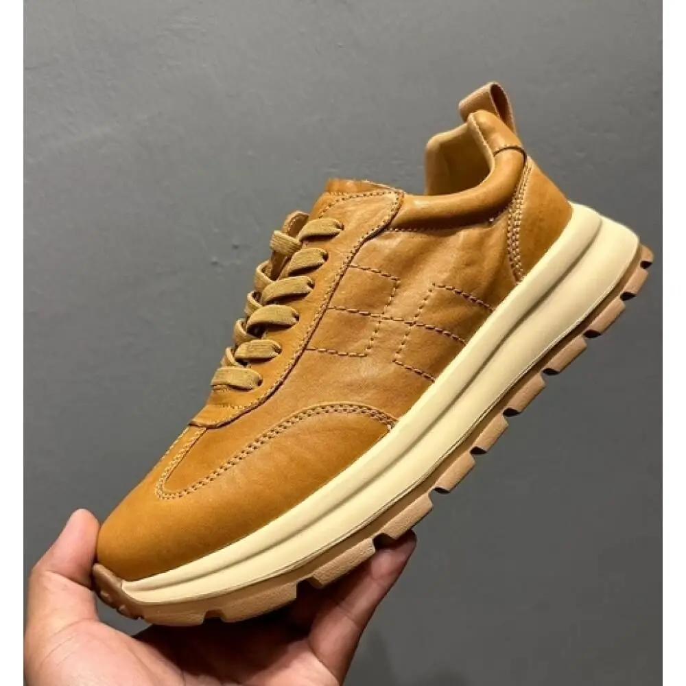 Caramel Brown Cowhide Casual Men's Shoes, with retro stitching and lightweight thick sole