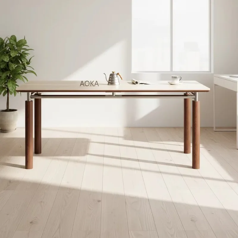 

Mid-Century Modern Rectangular Dining Table, Sintered Stone Top With Solid Wood Legs & Metal Frame, 6-Seater Kitchen Table