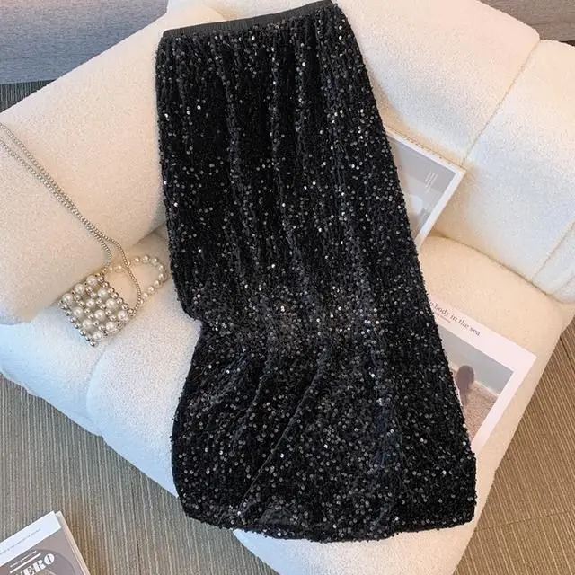 Saia maxi faldas mujer vintage temperamento preto veludo lantejoulas saias Юбка saia longa uma linha falda largas