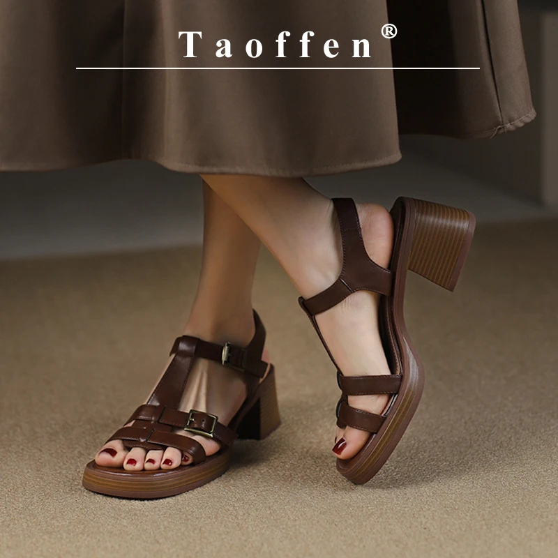 Brand Genuine Cow Leather Sandals Block Mid Heels Women Roma Sandals Square Toe Retro Buckle Sandals T Strap 2023 Trend