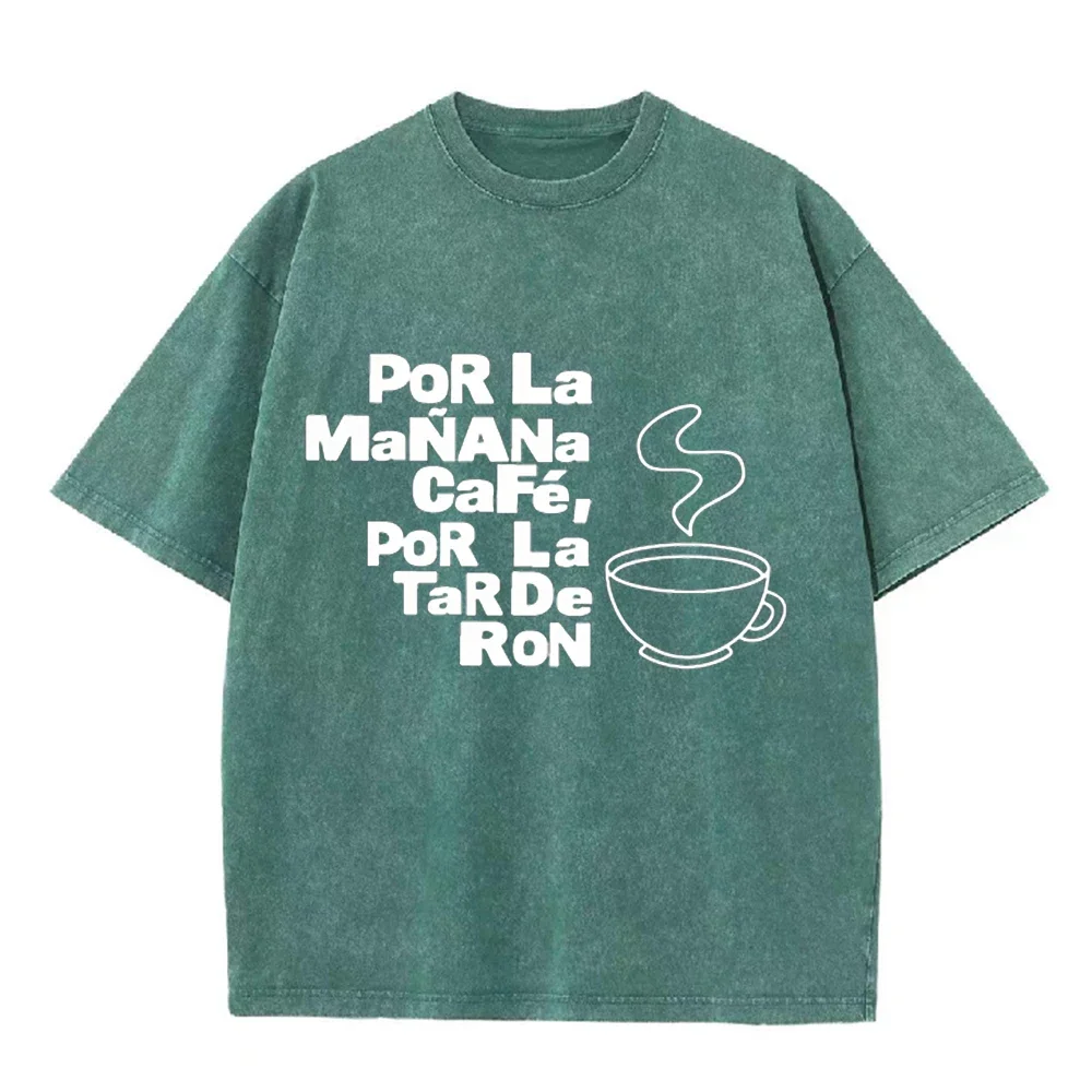 2026 Retro Washed Cotton Tshirt Men Women Funny Spanish Quote Coffee Cup Graphic Casual Short Sleeve Round Neck Vintage Casual T
