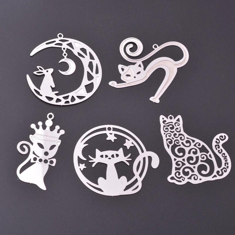 10pcs Black Filigree Rabbit Moon Star and Cat Etched Stainless Steel Charms Cute Animal  Pendant DIY Jewelry Making Supplies