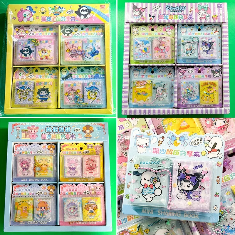 2pcs/set Sanrio Flowing Sand Mini Notebook Beautiful Sticker Book Cute Kuromi Melody Tearable Share Book Girl Portable Pendant