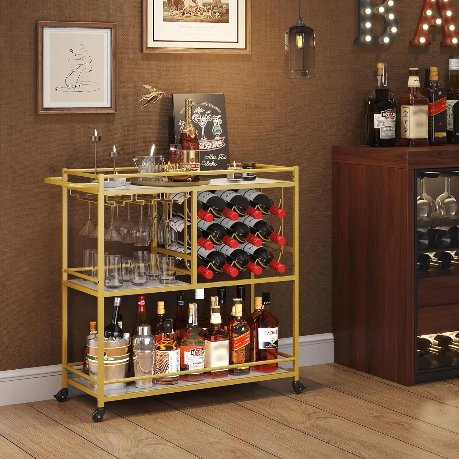 

Lifewit Bar Cart for The Home, 3 Tier Drink Cart with Lockable Wheels, 12 Wine Rack and 3 Rows Glass Holders,Liquor Serving Cart