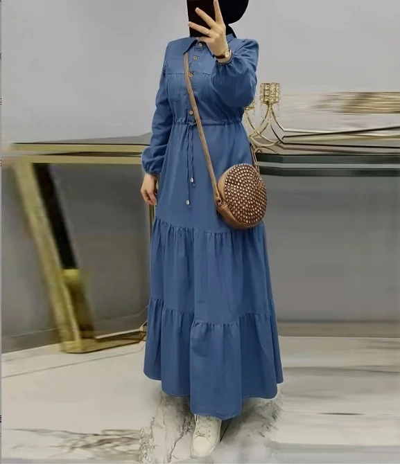 Ele Blue Patched Denim Dr Middle East Faion Commute Sle Verstelbare taille Lange Sve A-lijn rok uit één stuk