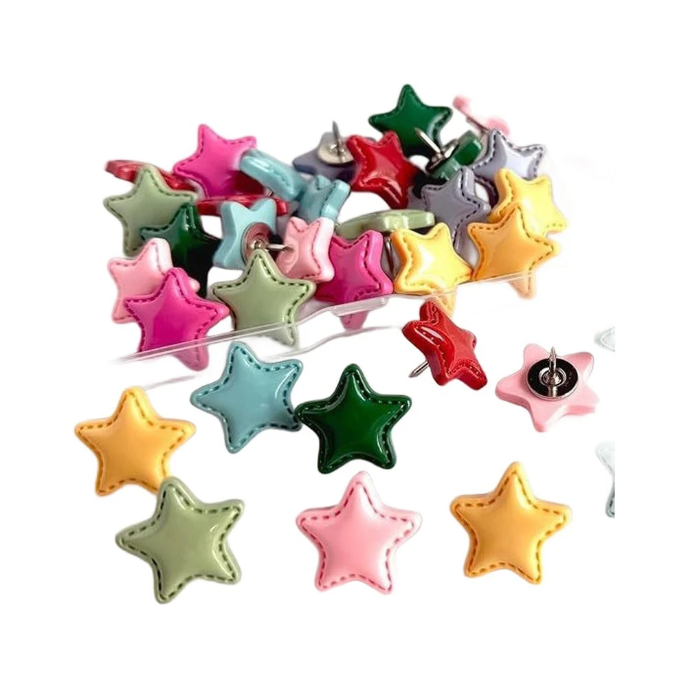 30pcs Star Push Pins Set with Water Ripple and Stitched Line Star Heads Pastel Pink Green Yellow Red Blue for Display Boards