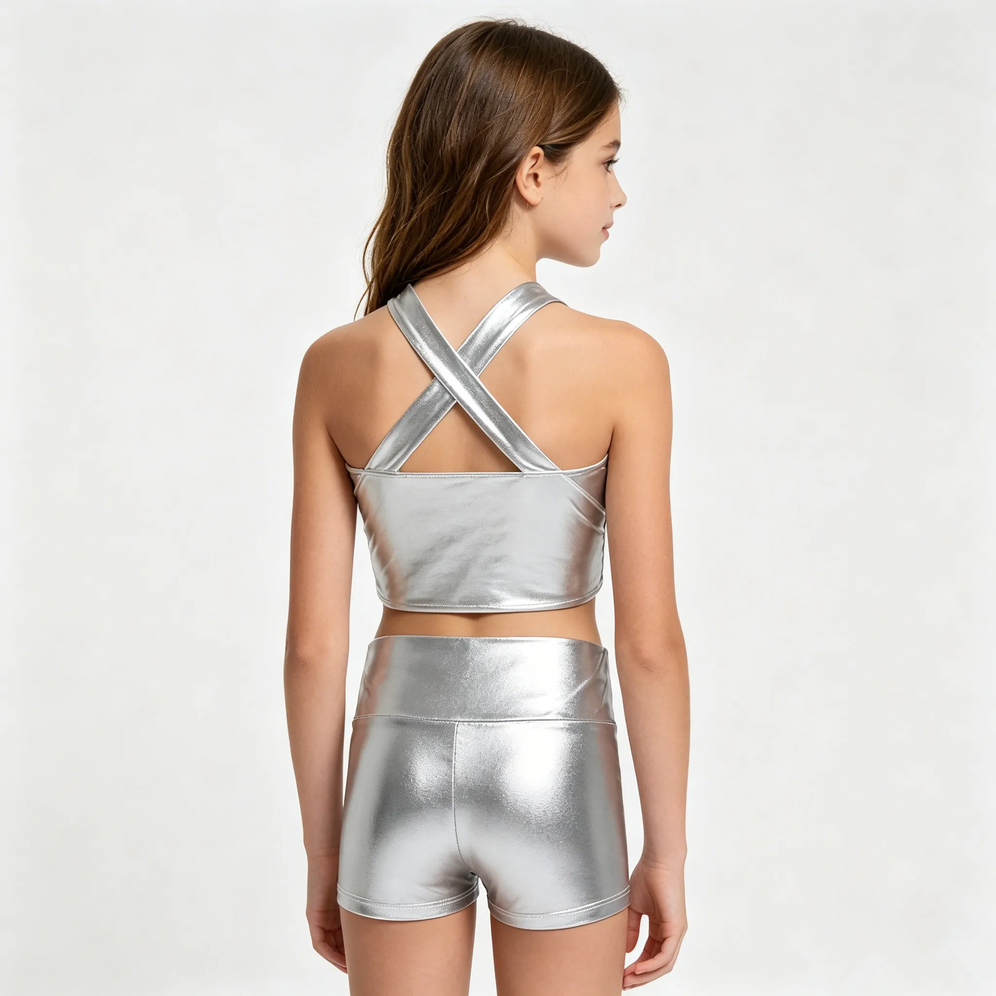 Kids Girls Metallic Jazz Modern Dance Outfit Sleeveless Sparkly Sequin Crop Top with Shorts for Hip Hop Cheerleading Performance