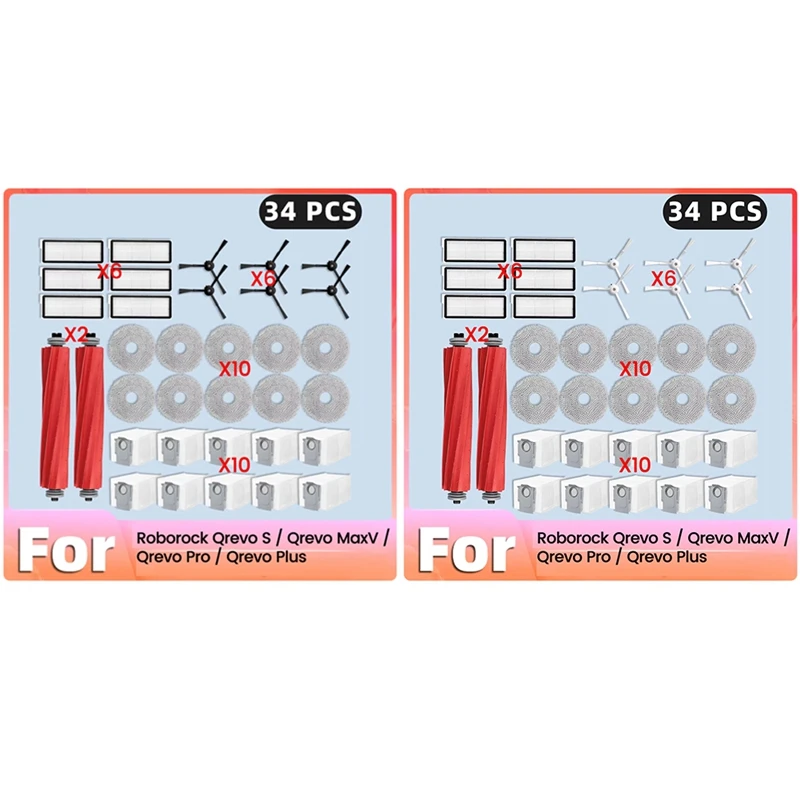 ABFU-34Pcs Main Side Brush Filters Mop Dust Bags For Roborock Qrevo Pro/Qrevo Maxv/Qrevo S/Qrevo Plus Vacuum Cleaner Parts
