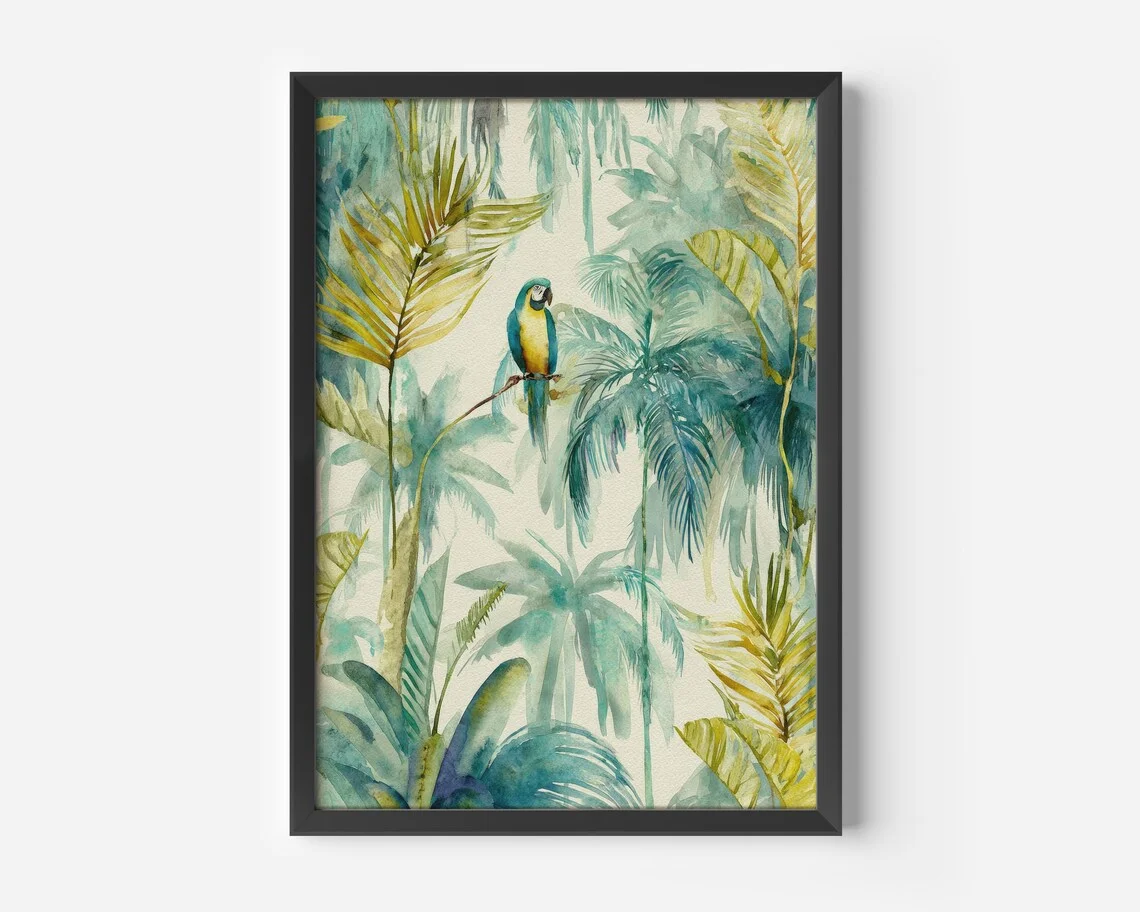 Exotic wall decor for the living room | Watercolor parrot poster tropical | Green-blue palm leaves illustration | Nature jungle