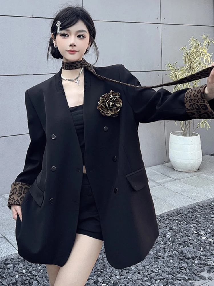 YERMORA Dames Zwart Luipaard Lint Bloem Casual Blazer V-hals Lange Mouw Losse Nieuwe Jas Mode Tij Lente Herfst 2025