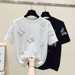 New Summer Butterfly Nail Bead Short Sleeve Knit Sweater Korean Fashion Thin Casual Jumper Women Knitwear2024