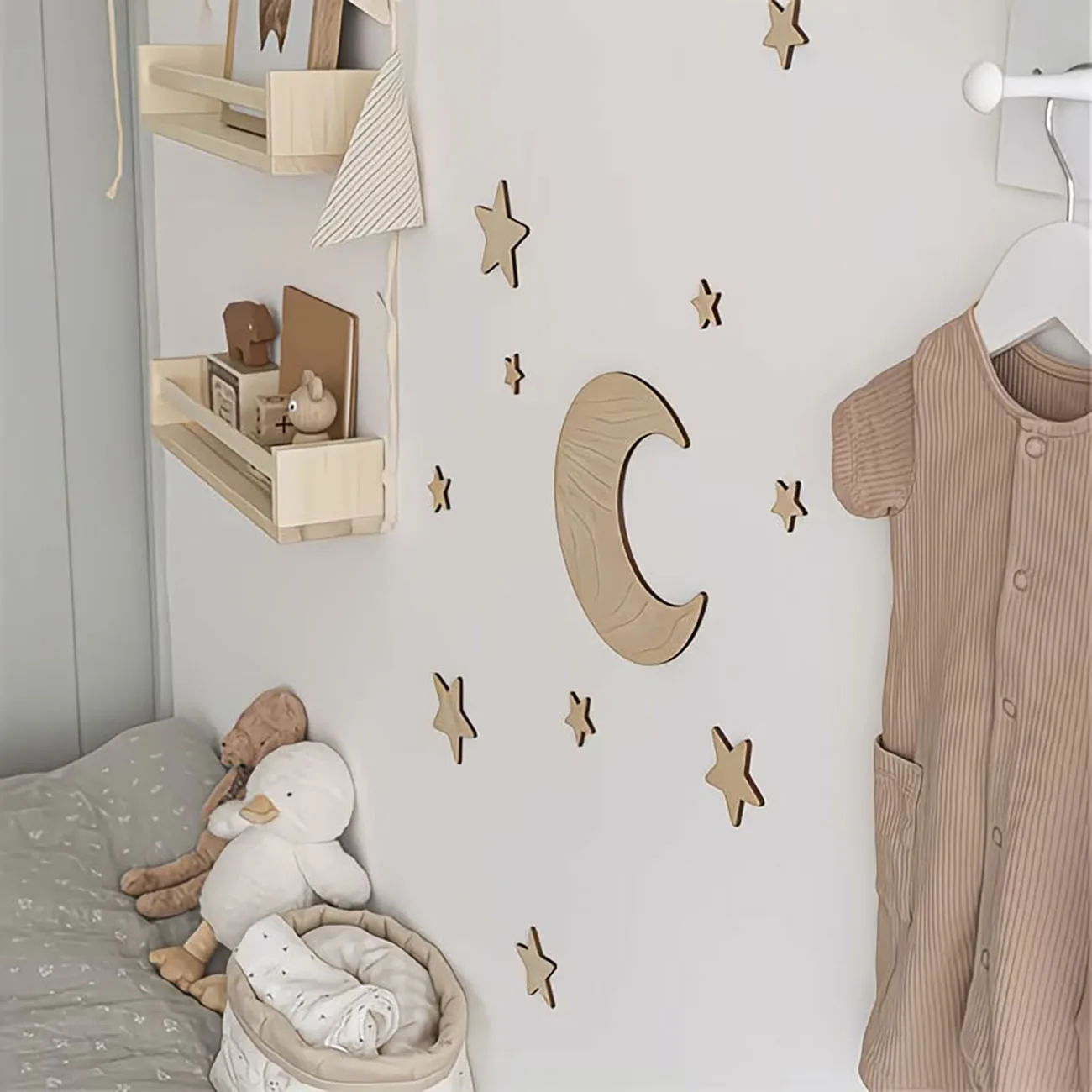 11Pcs Natural Wood Moon Star Wall Stickers, Boho Celestial Home Decor