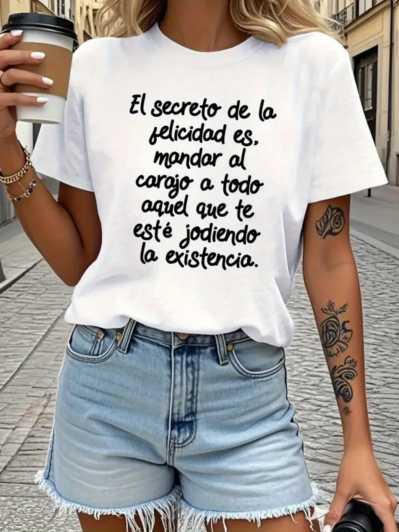 Camiseta de Mujer de Manga Corta con Estampado de Letras en Español 'El Secreto de la Felicidad', Cuello Redondo, Informal, para Primavera/Verano