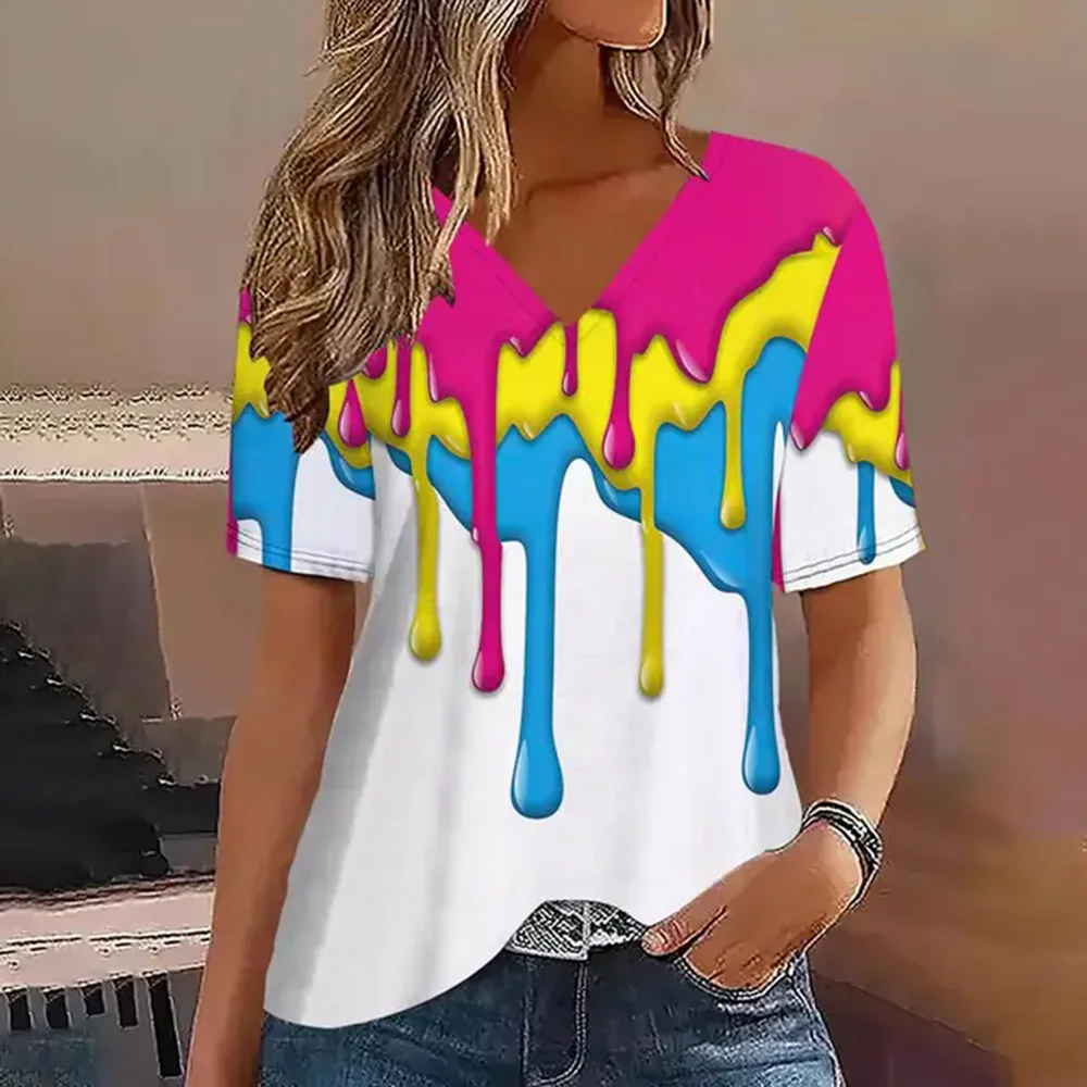 

Women's T-Shirt 3D Watercolor Print V Neck Short Sleeve Tees Casual Fashion Plus Size T-shirt Streetwear Hip-Hop Ladies Clothing