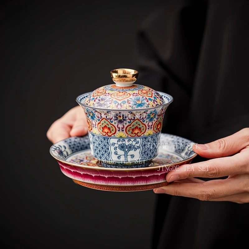 

Эмалированная цветная крытая чаша Sancai, высококачественный керамический чайный сервиз кунг-фу для домашнего использования, чайная чаша, чайный сервиз в дворцовом стиле, аксессуары