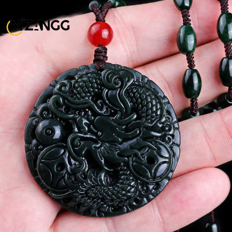 Naturalny atrament Jade chiński naszyjnik z wisiorek w kształcie smoka Jade modny urok akcesoria biżuteryjne rzeźbiony Amulet prezenty kobiety mężczyźni wisiorek