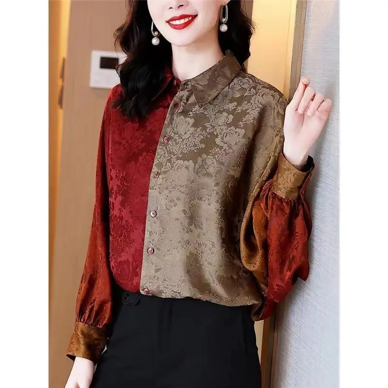 Ropa de mujer Vintage elegante Jacquard empalmado camisa otoño nueva mujer botón cuello vuelto moda Color a juego blusa