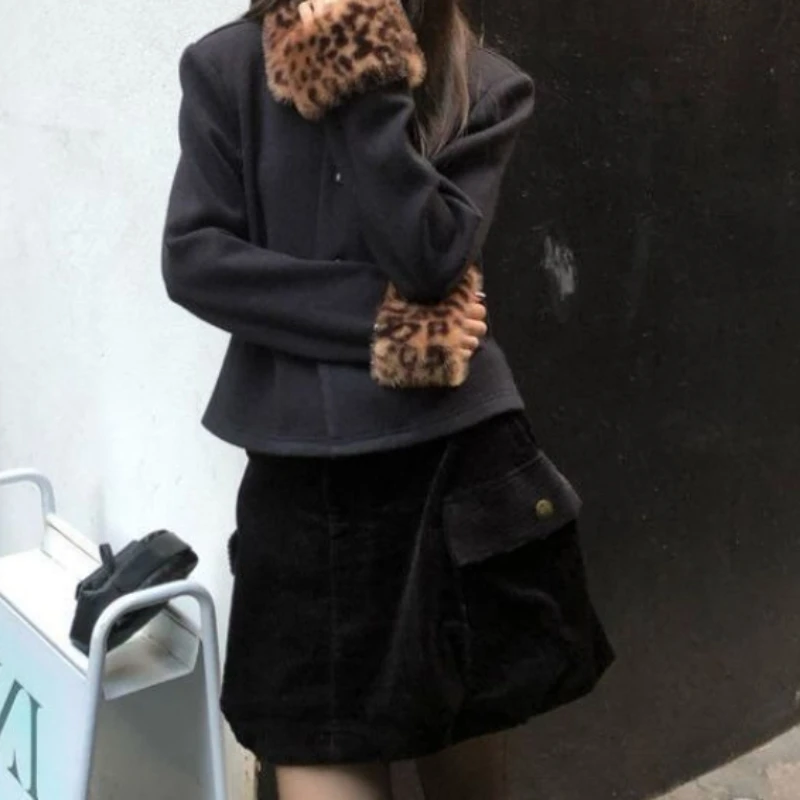 

Niche Leopard Print Fur Collar Design Sense Single-breasted Thick Short Jacket Temperament Jacket