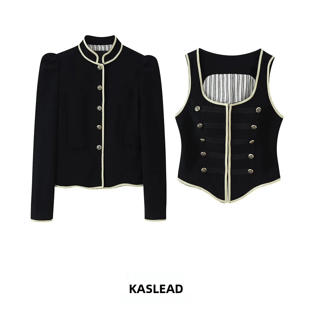 KASLEAD New Women's Fashion Suit Jacket Vest with Ornamented Edges 2026 Autumn Long Sleeve Regular Length Two-Piece Set