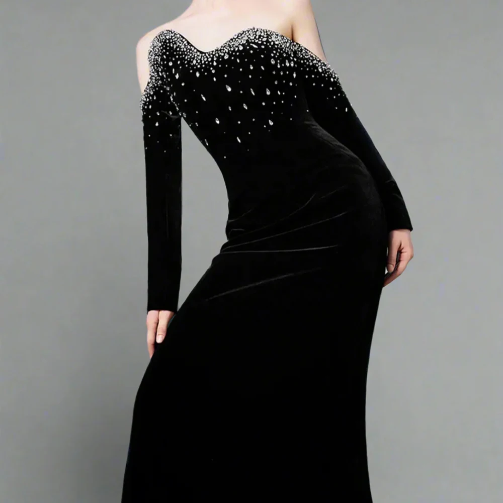 Vestidos de Noche negros de corte a para mujer, vestido de fiesta de manga larga hasta el tobillo con hombros descubiertos, vestidos personalizados drapeados con cristales a la moda