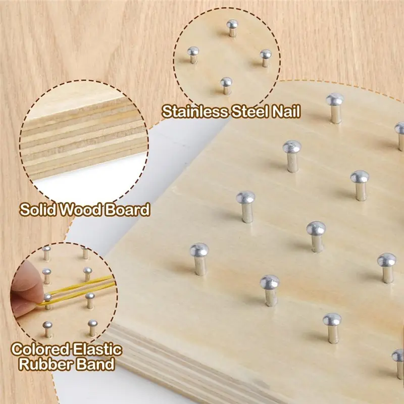 ABXE-Wooden Geoboard With 30 Pattern Cards And 40 Rubber Bands For 3 4 5-Year-Old Kids And Toddlers To Create Figures