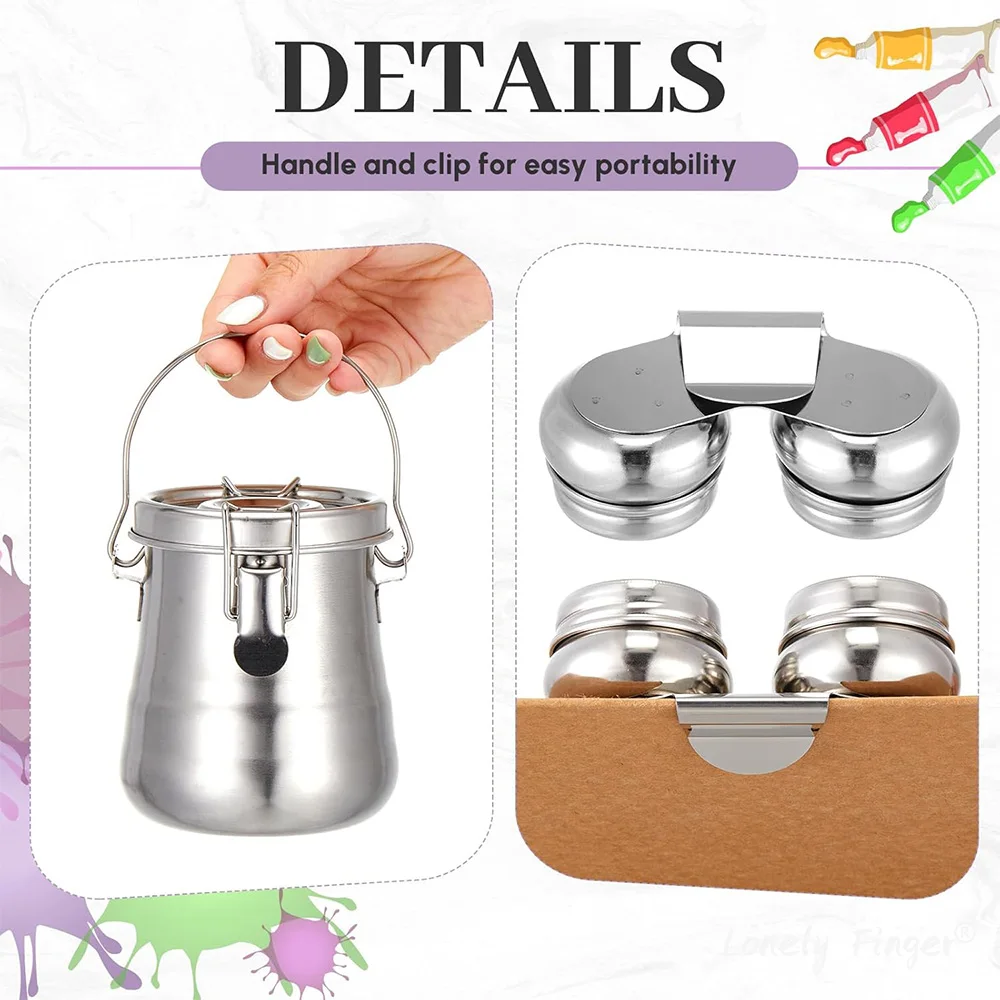 Detergente per pennelli Ermetico in acciaio inossidabile Doppio mestolo Tazza per tavolozza Supporto per rondella per pennelli portatile per detergente per pennelli per olio