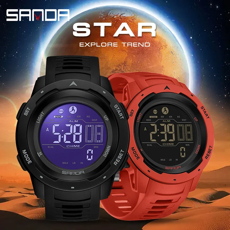 SANDA 2145 Masculino Brand Men Watches Sports Pedometer Calories 50M Waterproof LED Digital Watch Military Wristwatch Relogio