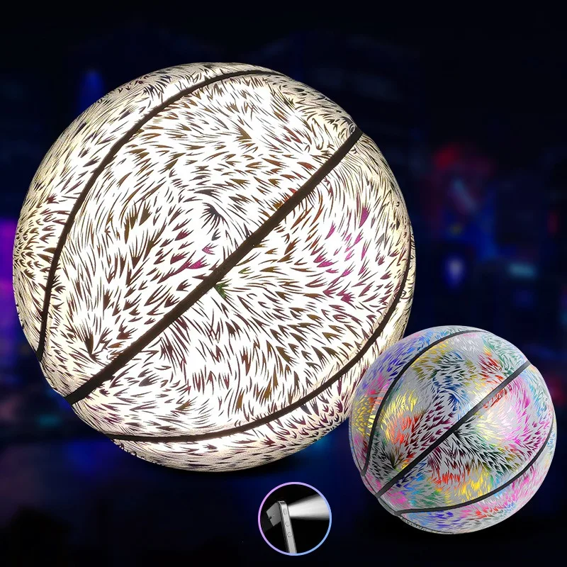 Standard Size 7 Holographic Reflective Basketball Adults Night Game Light Up Basket Ball PU Wear-resistant Glowing Basketball