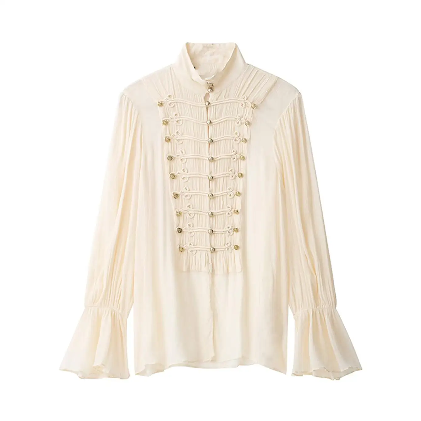 TFMLN 2026 Damen Bluse mit ausgestellten Ärmeln, schmal geschnitten, hoher Kragen, Knopfleiste, elegantes Napoleon-Hemd, schickes, transparentes, unifarbenes Oberteil für den Urlaub. – Detail 2