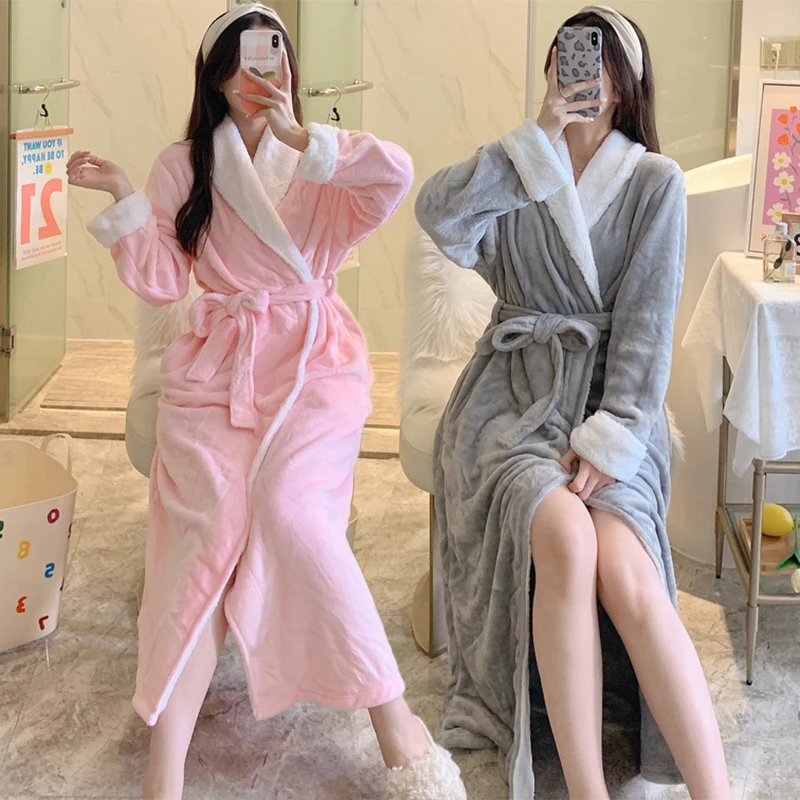 

2025 зимнее толстое теплое фланелевое кимоно с длинными рукавами для женщин, свободный коралловый бархатный халат, одежда для сна, ночная рубашка, ночное платье
