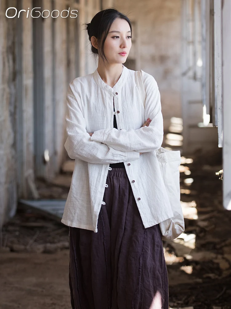 

OriGoods Long Sleeve Linen Shirt Women Chinese Style Clothes Ramie Cotton Shirt Solid White Beige Loose Long Shirts Top B130