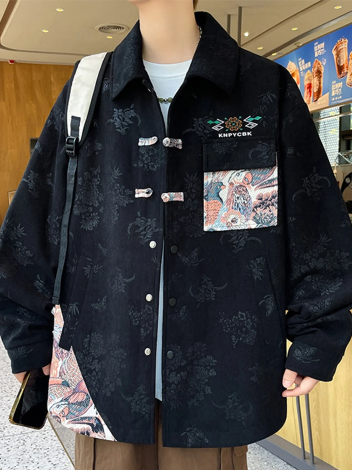 

New Chinese Sle Men's Jaet Loose Fit Casual Turn-down Collar Button-up Print Leisure Coat Breathable Polyester Fiber