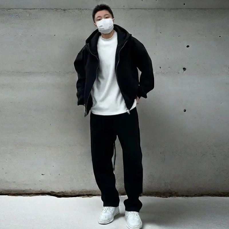 طقم سويت شيرت بقلنسوة سميك ومفتوح سميك أمريكي بسيط، طقم مكون من قطعتين مرن للربيع والخريف للرجال