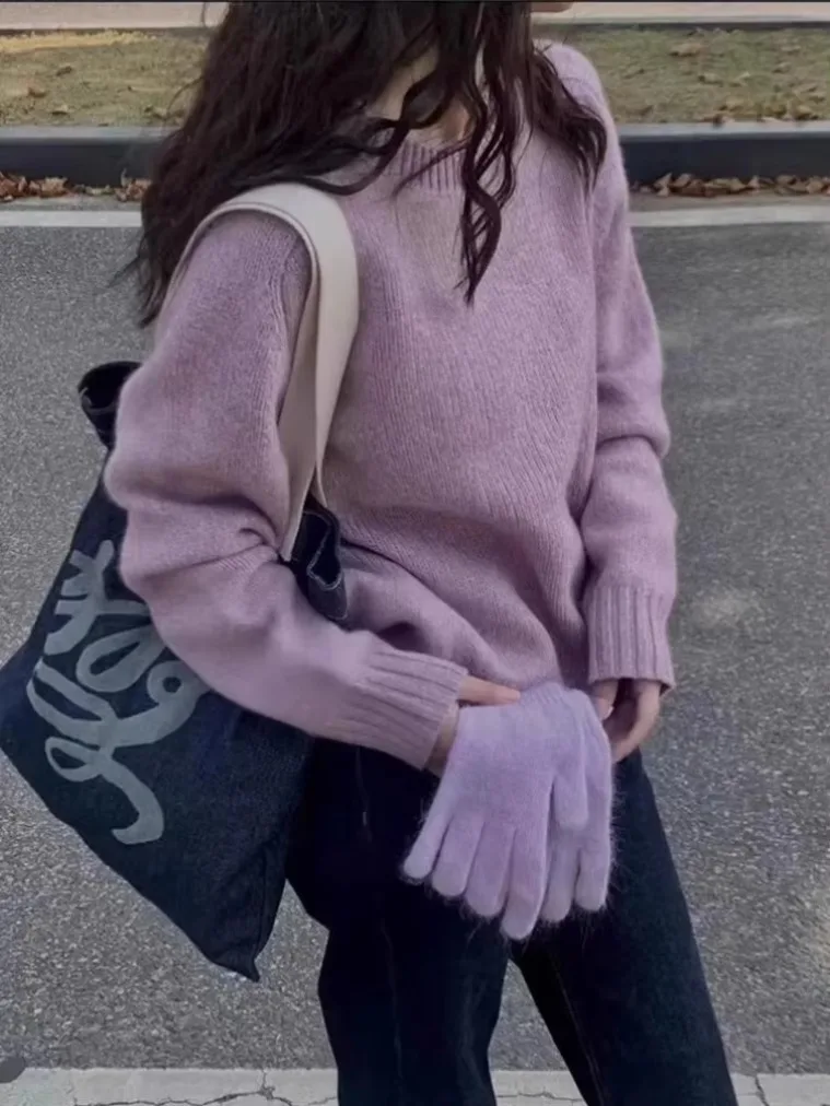 

Retro Sweet Purple Sweaters Women Casual Soft Long Sleeve Knitted Pullovers Japan Lazy Wind Loose New Female Simple Vintage Top