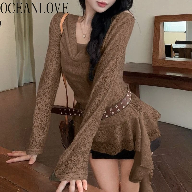 

OCEANLOVE Y2k Clothes T Shirt for Woman Solid Spring Autumn Irregular Ropa De Mujer Vintage Swing Collar Sexy Fashion Tees