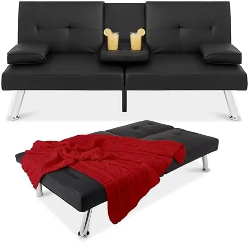 Futón convertible moderno tapizado en piel sintética, sofá cama plegable ajustable, cama para invitados con reposabrazos extraíbles - Negro