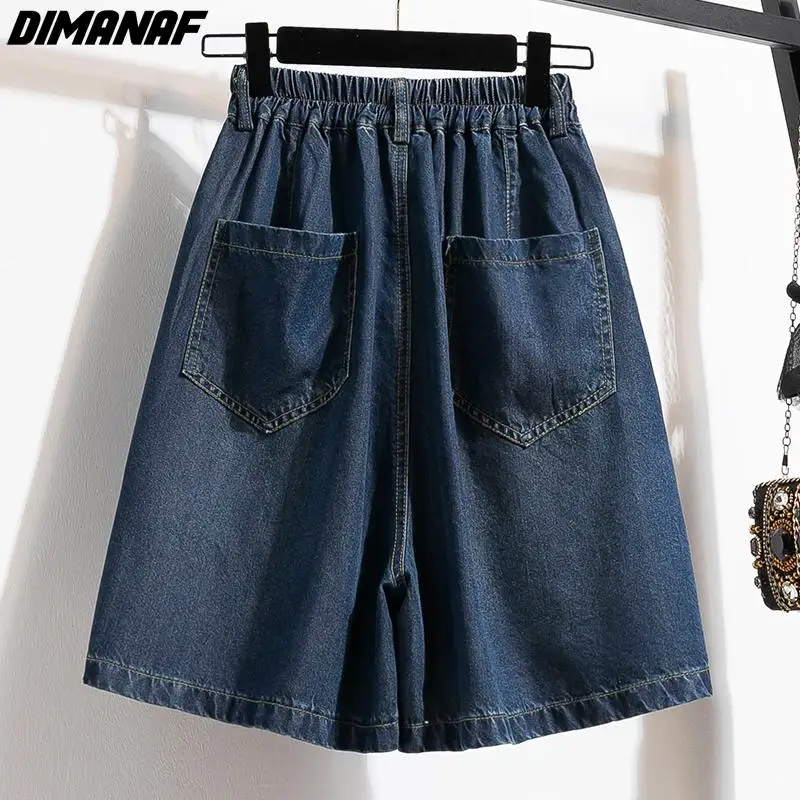 Dimanaf-Shorts jeans femininos grandes, cintura alta, cintura elástica, calça solta, jeans azul básico, plus size, verão, 2024