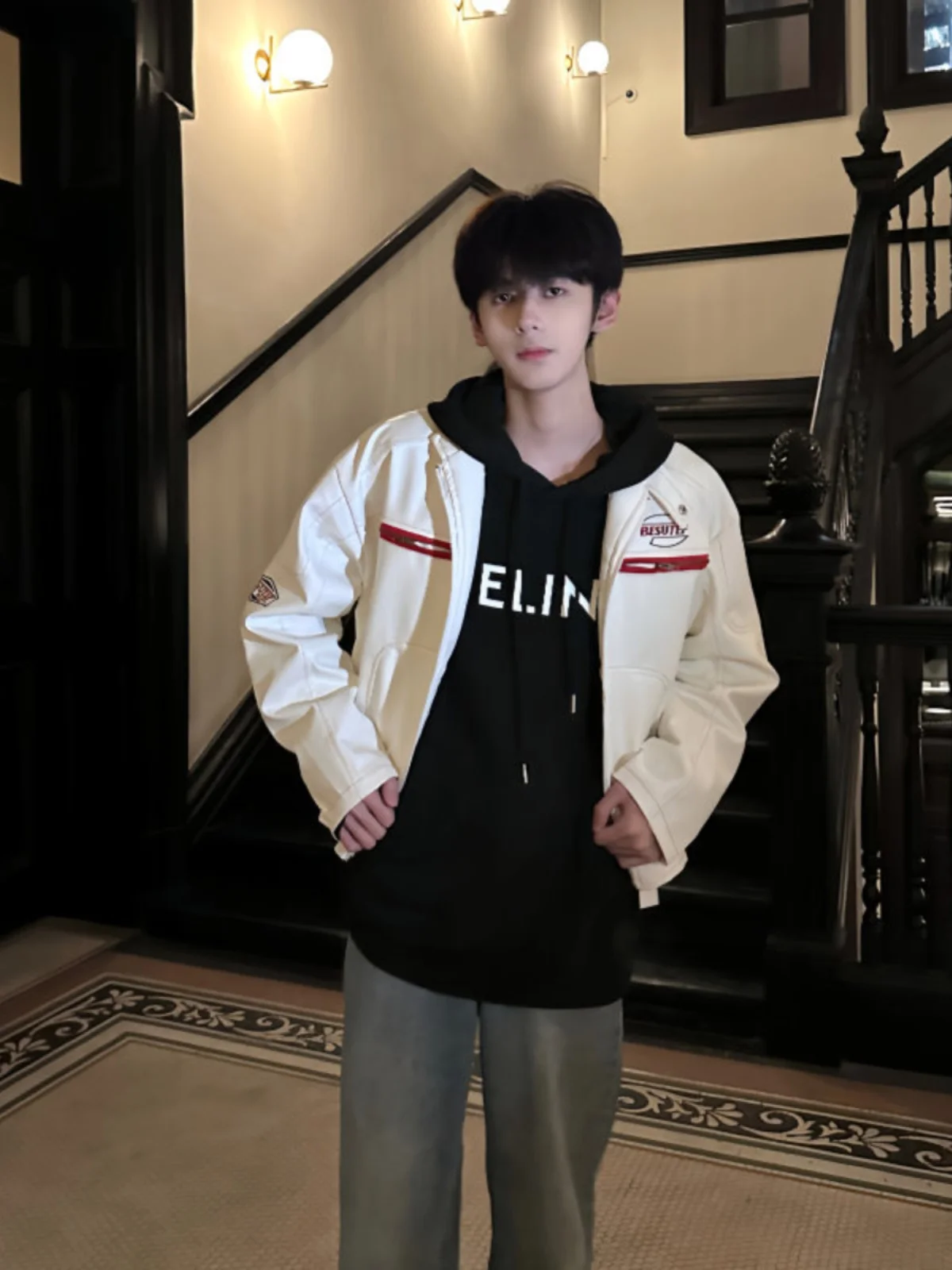 

American High Street PU Leather Jaet Men Spring Autumn Haome Stand Collar Embroidery Spor ort Workwear Flight Jaet