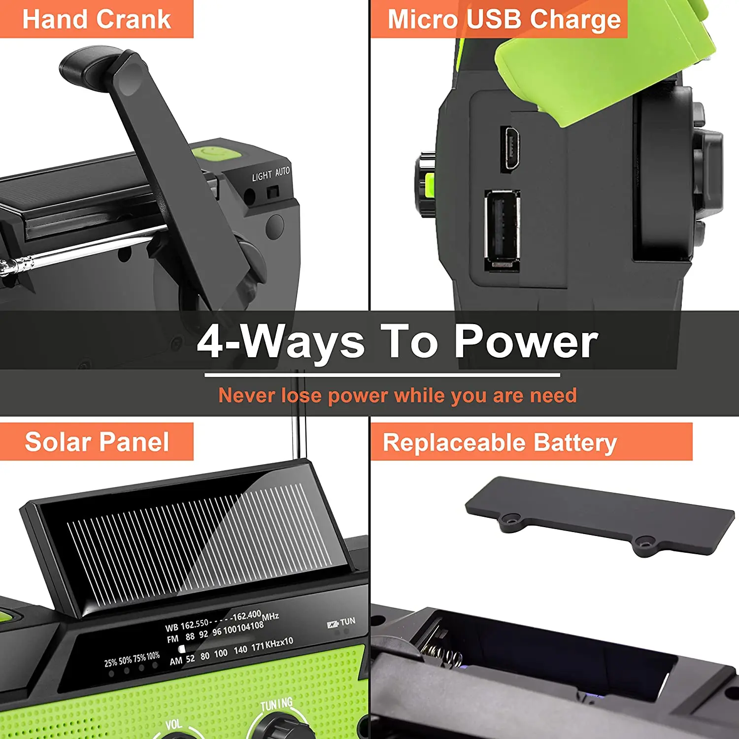 พลังงานแสงอาทิตย์ฉุกเฉิน Crank วิทยุ 4000mAh-Solar Hand Crank แบบพกพา AM/FM/NOAA วิทยุสภาพอากาศ 1W ไฟฉาย & Motion Sensor อ่าน