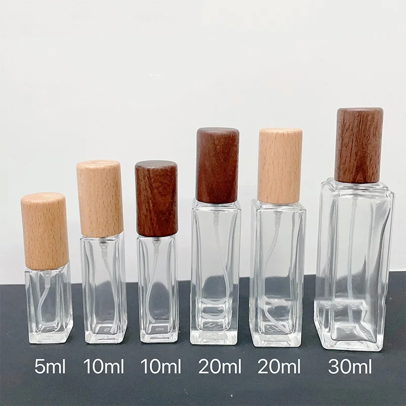 Szklana butelka na perfumy 5/10/20/30ml pojemnik na kosmetyki bukowa pokrywa pusta rozpylacz butelka podróżna z orzecha włoskiego